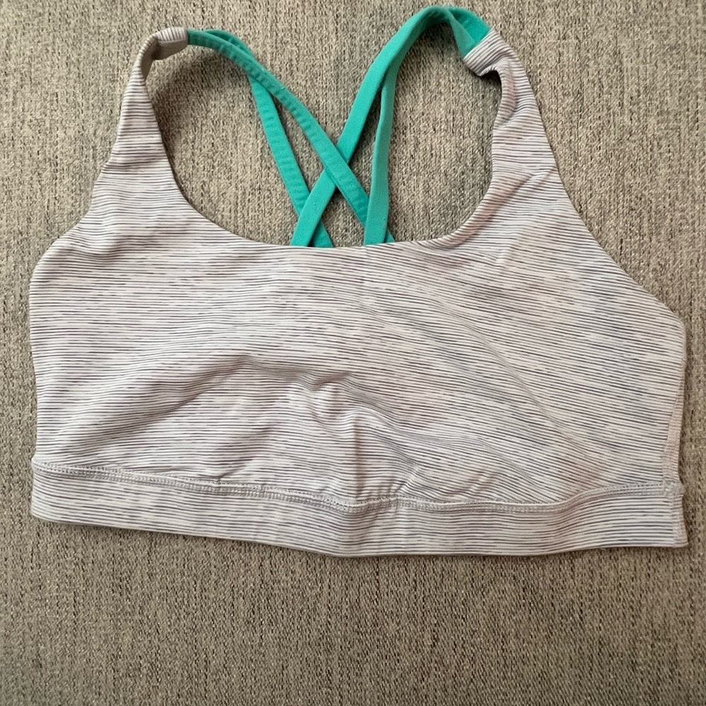 Lululemon Energy Bra — Size 10 
Light Heathered Gray Stripes and Teal Straps